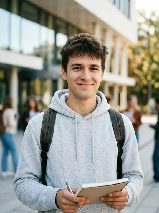 Uśmiechnięty student z plecakiem i notesem przed budynkiem uniwersytetu